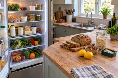 Open refrigerator stocked with varied groceries beside a kitchen worktop holding oats, bread, nuts, lemons and tinned sardines.