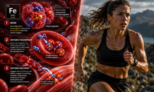 Split infographic showing iron's role in haemoglobin and oxygen transport alongside a female endurance runner.