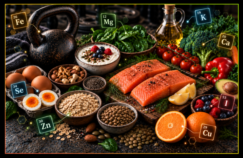 Nutrient-rich foods including salmon, eggs, vegetables, berries, nuts and grains arranged beside a kettlebell.