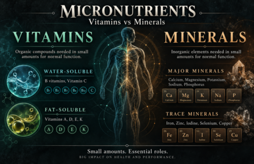 Educational infographic comparing water-soluble and fat-soluble vitamins with major and trace minerals.