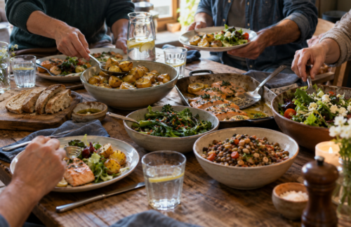 People sharing a varied meal around a rustic dining table, with salmon, roasted potatoes, vegetables, legumes and wholegrain bread.