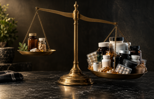 Antique brass balance scales contrasting a small selection of supplements with an overloaded collection of bottles and capsules.