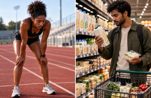 Split photograph of a Black female runner catching her breath on an athletics track and a South Asian shopper examining plant-based food alternatives.