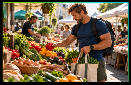 Athletic man shopping at an outdoor market, selecting fresh vegetables while carrying a bag filled with produce.