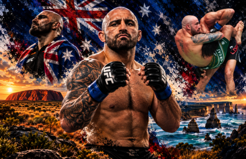 Alexander Volkanovski in a fighting stance with victory and grappling imagery against colourful Australian-inspired artwork.