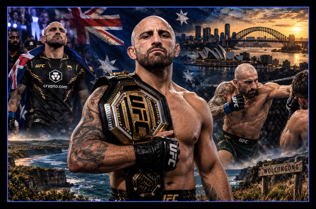 Alexander Volkanovski UFC champion montage with championship belt, fight action and Australian coastal and Sydney imagery.