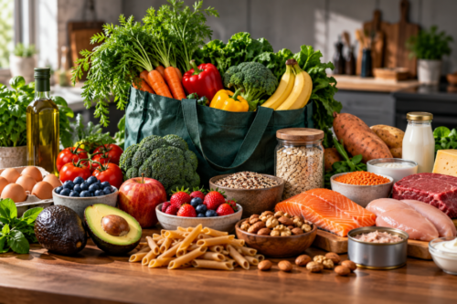 Reusable shopping bag filled with vegetables and fruit, surrounded by eggs, oats, pasta, salmon, chicken, nuts, legumes and other nutritious everyday groceries on a kitchen counter.