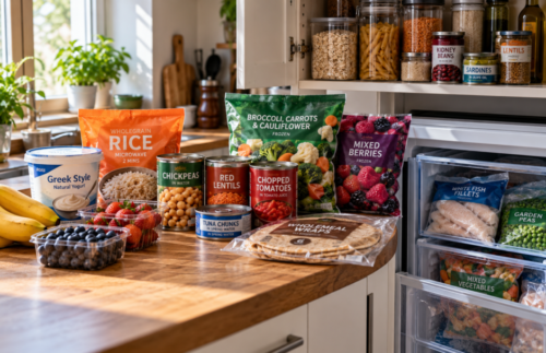 Practical kitchen staples including tinned chickpeas, lentils, tomatoes and tuna, microwave rice, yoghurt, wholegrain wraps, frozen vegetables, berries and fish, with an open cupboard and freezer.