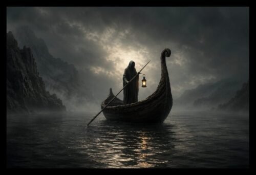 Charon ferrying souls across the River Styx, symbolising memento mori and the inevitability of death’s final crossing.