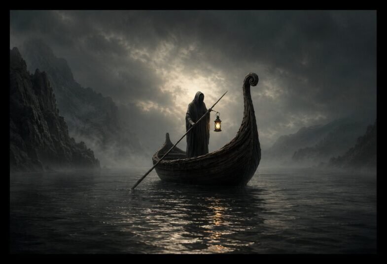 Charon ferrying souls across the River Styx, symbolising memento mori and the inevitability of death’s final crossing.