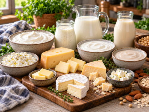 Selection of dairy foods including milk, yoghurt, cottage cheese and different cheeses, displayed alongside soybeans on a kitchen counter.