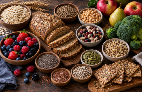 Overhead arrangement of fibre-rich foods including wholegrain bread, oats, beans, seeds, fruit, vegetables and other whole grains on a wooden surface.