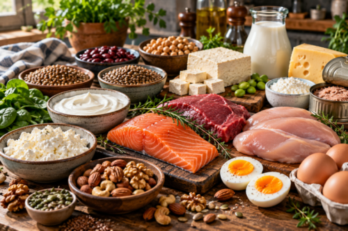 Selection of protein-rich foods including chicken breast, salmon, lean beef, eggs, Greek yoghurt, cottage cheese, tofu, lentils, chickpeas and beans.