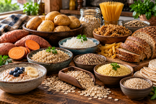 Assortment of carbohydrate-rich foods including potatoes, sweet potatoes, rice, oats, pasta, wholegrain bread, couscous, quinoa and porridge with fruit.