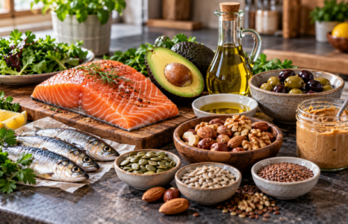 Salmon fillet displayed alongside avocados, olive oil, mixed nuts and seeds on a rustic wooden table.