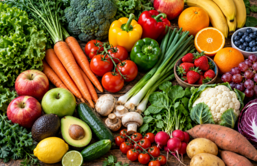 Colourful assortment of fresh fruit and vegetables including apples, oranges, bananas, broccoli, carrots, peppers, tomatoes and leafy greens.
