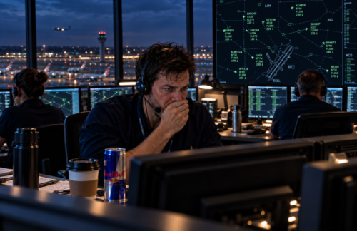 Tired air traffic controller suppressing a yawn while monitoring aircraft, with coffee and an energy drink beside his workstation.