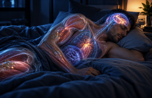 Sleeping man shown with the brain, nervous system, muscles and internal organs active during sleep and recovery.