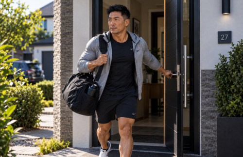 Kai looking refreshed and confident as he leaves home in gym clothes with his training bag after a good night’s sleep.