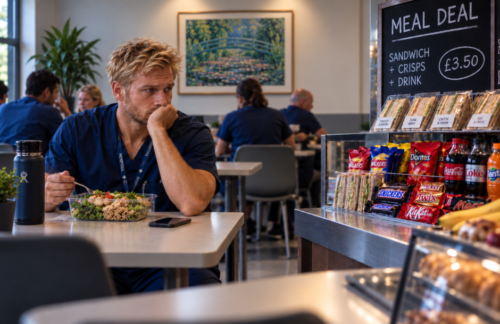Tired healthcare worker eating a healthy meal in a hospital canteen while looking towards tempting snacks, chocolate and crisps.