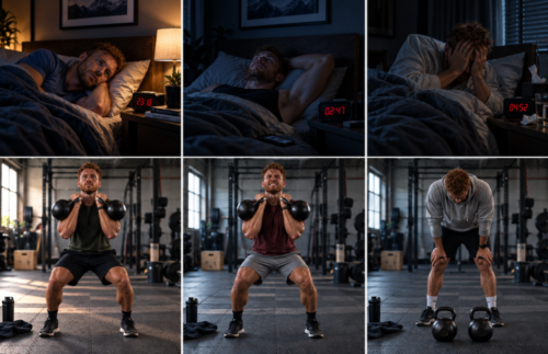Ginger-haired athlete shown across three restless nights and three progressively harder kettlebell training sessions as sleep loss accumulates.