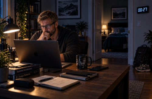 Tired IT professional working on his laptop after midnight while his bedroom and bed wait in the background.