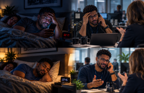 Same man shown after poor sleep and good sleep, contrasting late-night doomscrolling and next-day irritability with restful sleep and calmer communication at work.