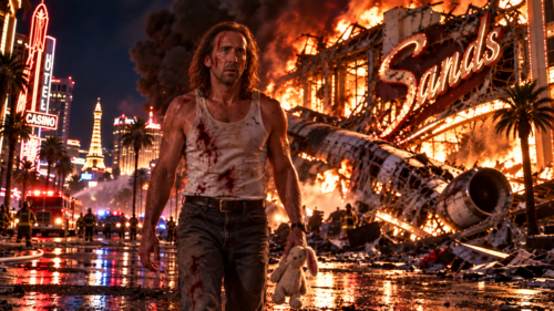 Cameron Poe walks from the wreckage in Las Vegas carrying the bunny intended for his daughter after surviving the Con Air flight.