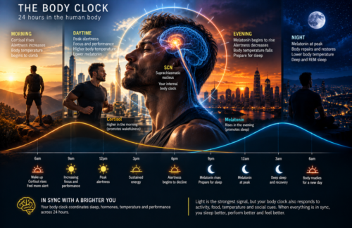 Circadian rhythm infographic showing changes in alertness, cortisol, melatonin and body function across a 24-hour day.