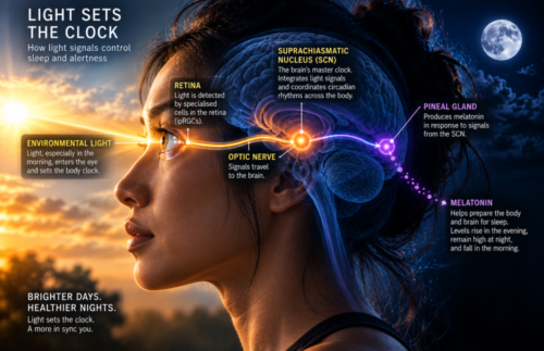 Woman shown in profile with light entering the eye and signalling the suprachiasmatic nucleus and pineal gland to regulate melatonin and sleep timing.