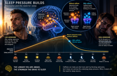 Sleep pressure infographic showing adenosine accumulating during waking hours and caffeine temporarily blocking its receptors.