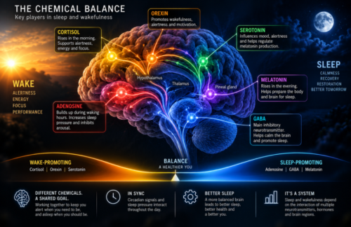 Human brain illustration showing interacting chemical systems involved in wakefulness and sleep, including orexin, cortisol, serotonin, adenosine, GABA and melatonin.