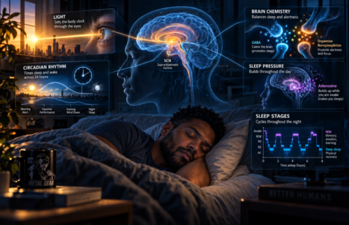 Futuristic sleep control centre illustrating the brain systems involved in circadian rhythm, sleep pressure, melatonin release and sleep stages.