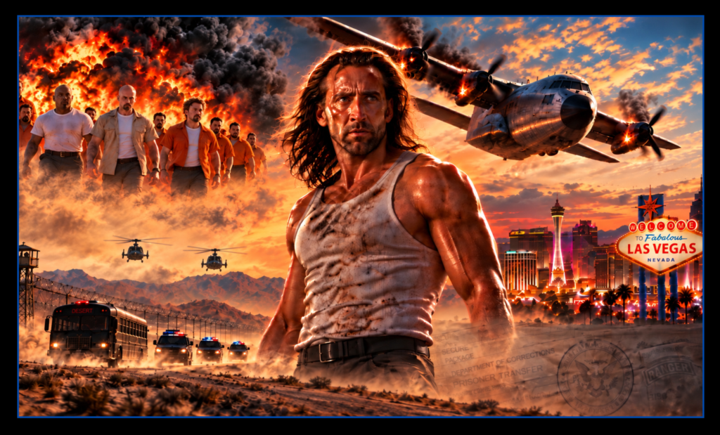 Con Air action hero workout featuring Cameron Poe, the Jailbird prison transport, Cyrus and convicts, desert pursuit and Las Vegas destruction.