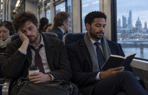 Two male commuters sitting together, one visibly exhausted with coffee while the other appears rested and focused while reading.