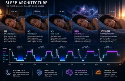 Architecture Woman shown across N1, N2, N3 and REM sleep stages through the night with a hypnogram showing repeated sleep cycles.