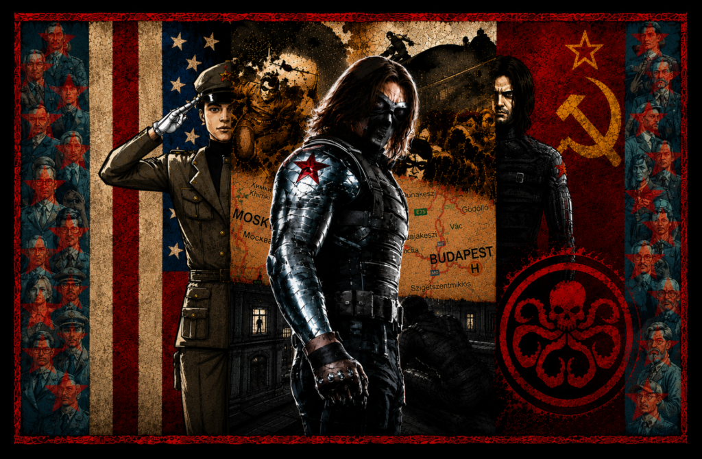 The Winter Soldier stands at the centre of a Cold War propaganda collage, surrounded by Soviet and American imagery, mission maps, covert operatives, surveillance scenes, and marked targets in the Winter Soldier-inspired workout header image.