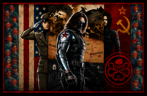 The Winter Soldier stands at the centre of a Cold War propaganda collage, surrounded by Soviet and American imagery, mission maps, covert operatives, surveillance scenes, and marked targets in the Winter Soldier-inspired workout header image.