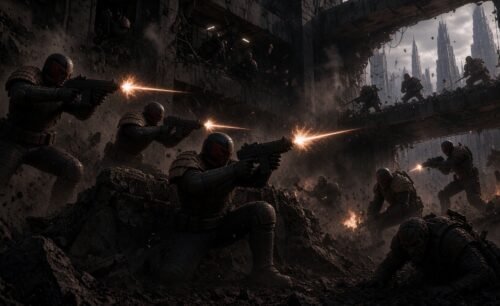 Judge Dredd and fellow Judges pinned down in a brutal firefight inside a shattered city bloc