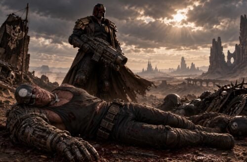Judge Dredd standing over defeated mutants in the desolate Cursed Earth