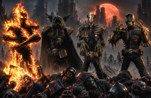 The four Dark Judges standing among the dead beneath a blood-red moon