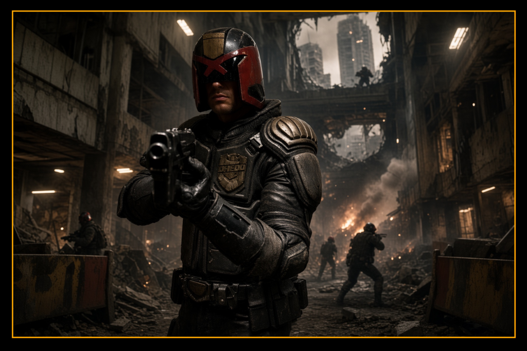 Judge Dredd fighting through a devastated Mega-City One bloc during a violent uprising