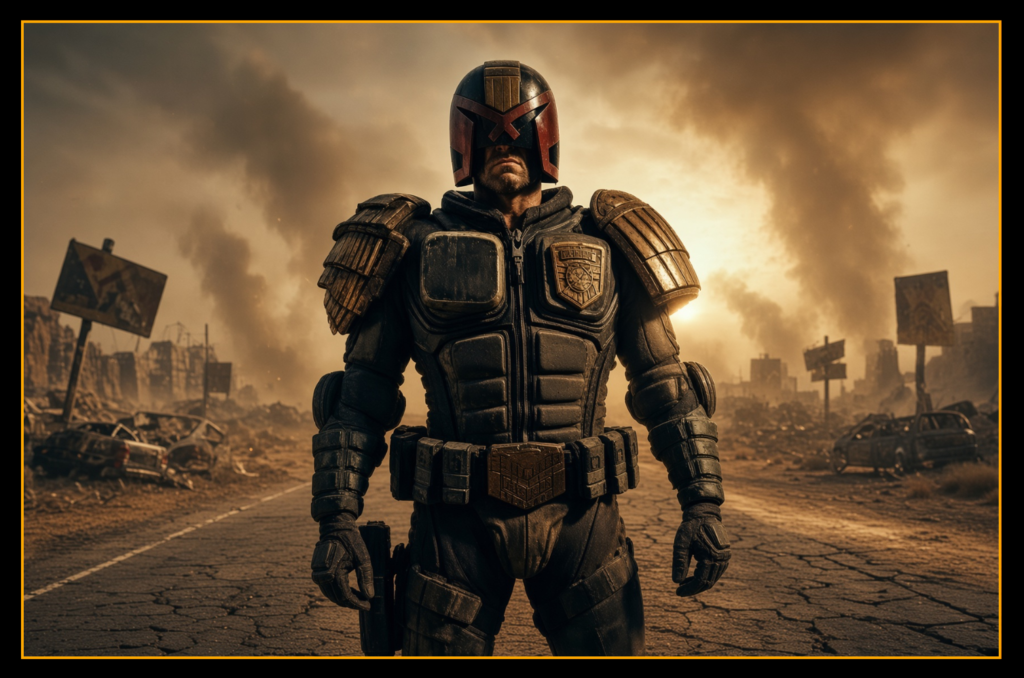 Judge Dredd standing in the devastated wasteland of the Cursed Earth