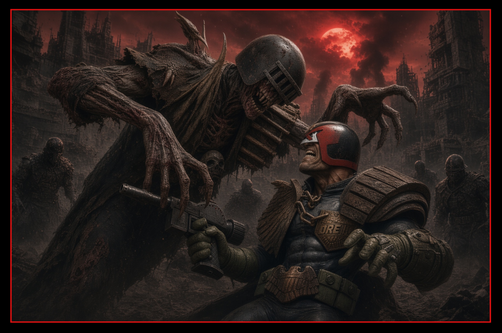 Judge Dredd confronting Judge Death in the ruined streets of Deadworld