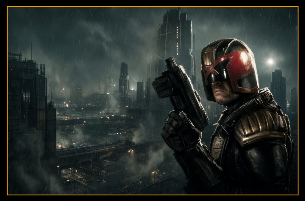 Judge Dredd overlooking the rain-soaked towers of Mega-City One