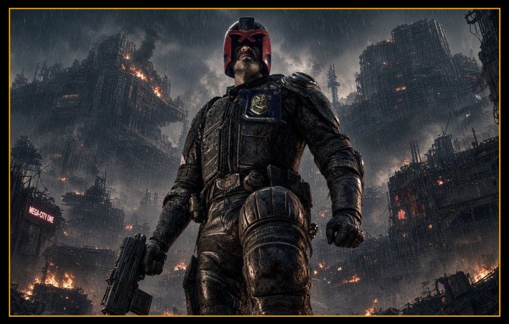 Judge Dredd workout inspired by comics of same name. Image shows Dredd surveilling an out of control disturbance in Mega City One, as buildings burn behind him.