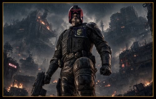 Judge Dredd workout inspired by comics of same name. Image shows Dredd surveilling an out of control disturbance in Mega City One, as buildings burn behind him.