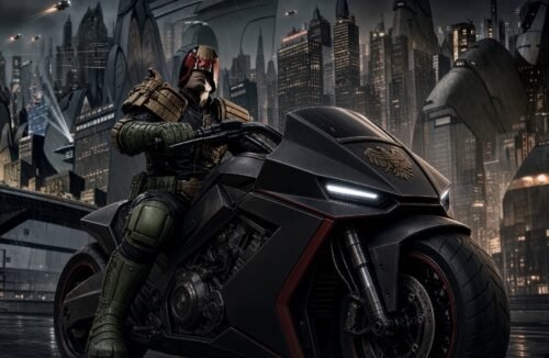Judge Dredd sitting astride his Lawmaster motorcycle in Mega-City One