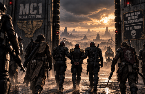 Judges escorting a prisoner through the gates of Mega-City One into the Cursed Earth