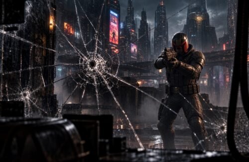 Judge Dredd aiming through shattered glass during the Rapid Reload Challenge